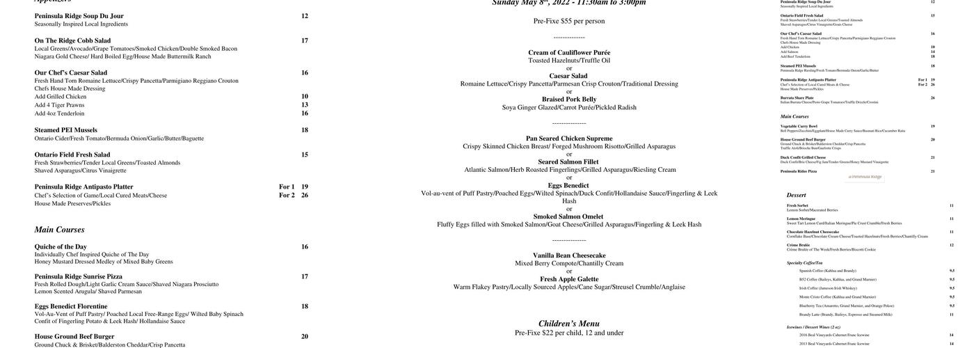 Peninsula Ridge Estates Winery Menu