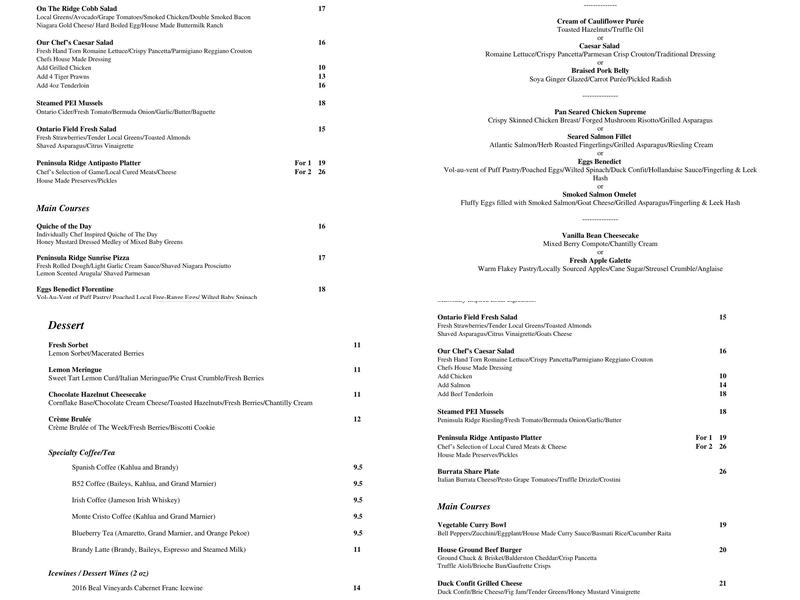 Peninsula Ridge Estates Winery Menu