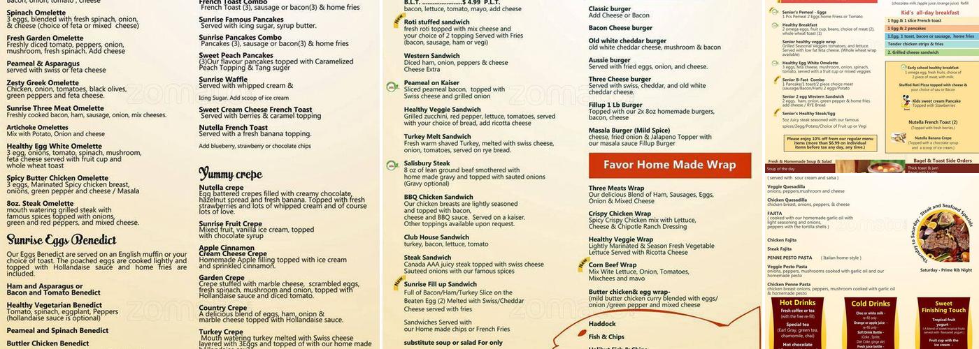 Sunrise Griddle Menu