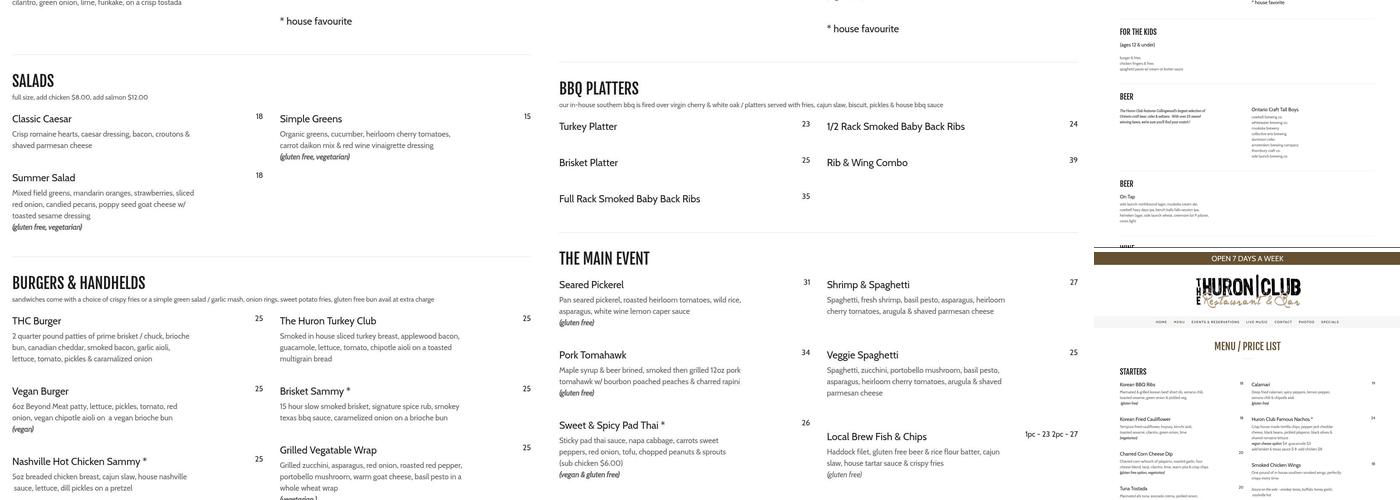 The Huron Club Menu