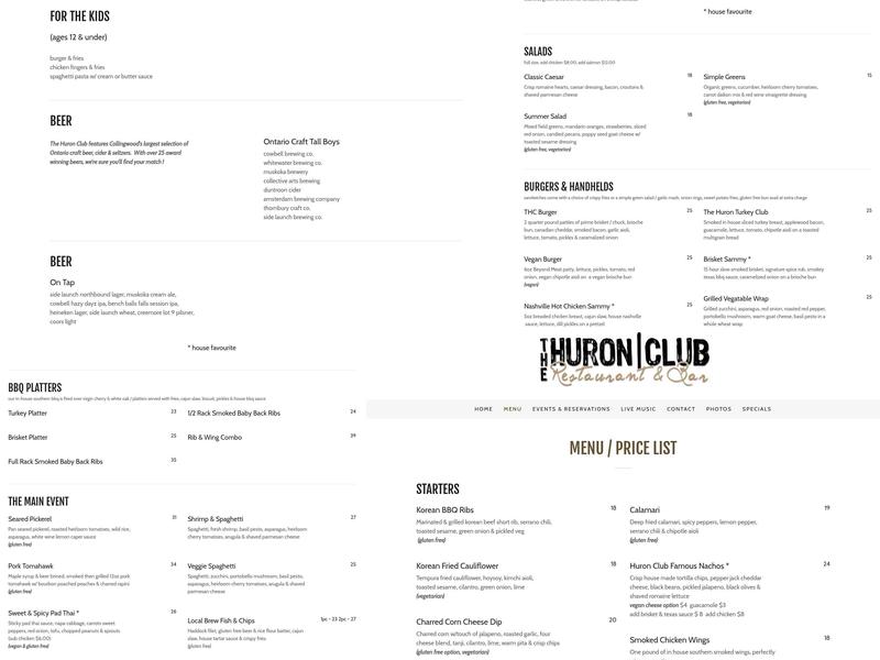 The Huron Club Menu