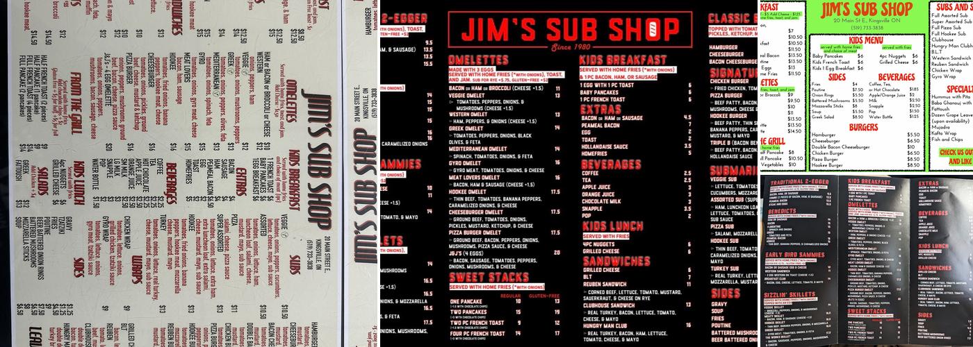 Jim's sub shop & Restaurant Menu
