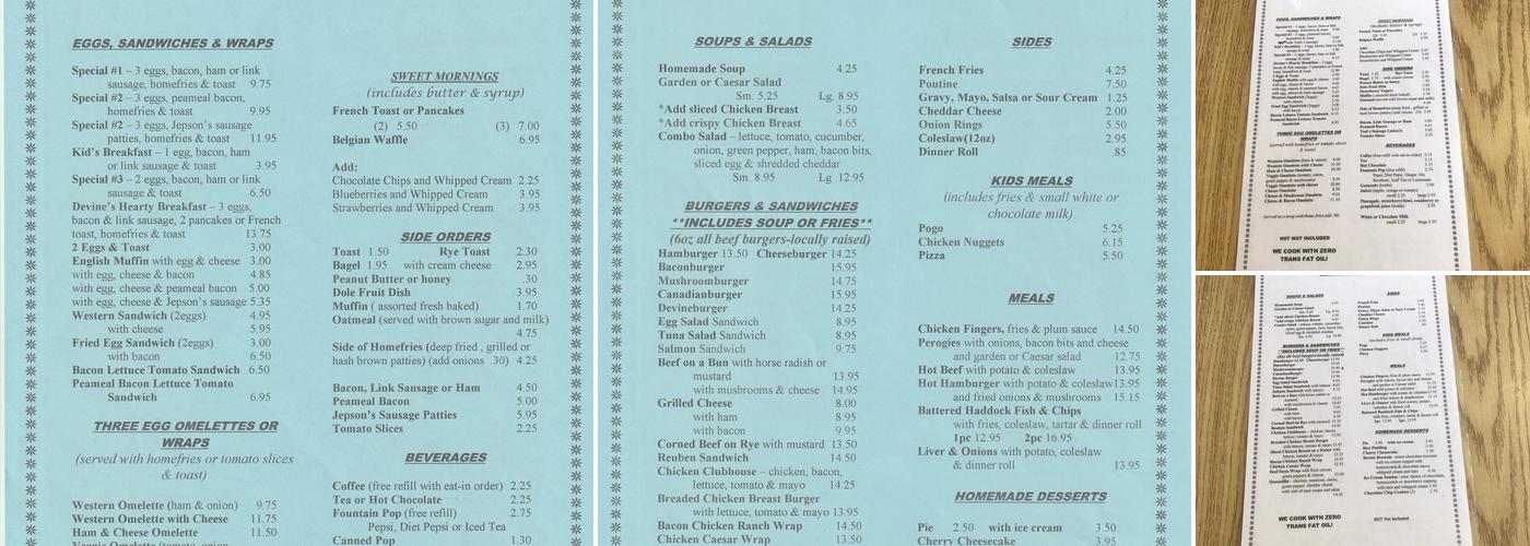 Devine’s Restaurant Menu