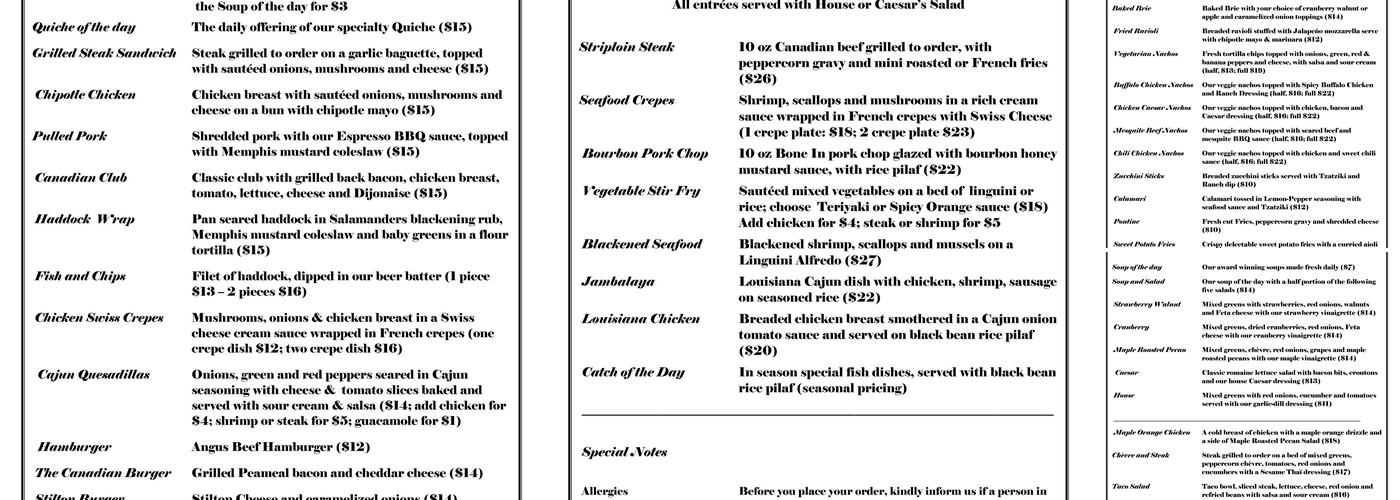 Salamanders Menu