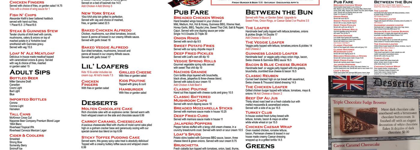 The Loaf N’ Ale Pub Napanee Menu