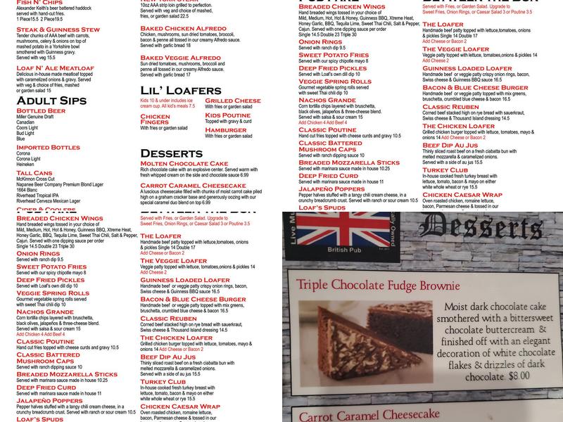 The Loaf N’ Ale Pub Napanee Menu