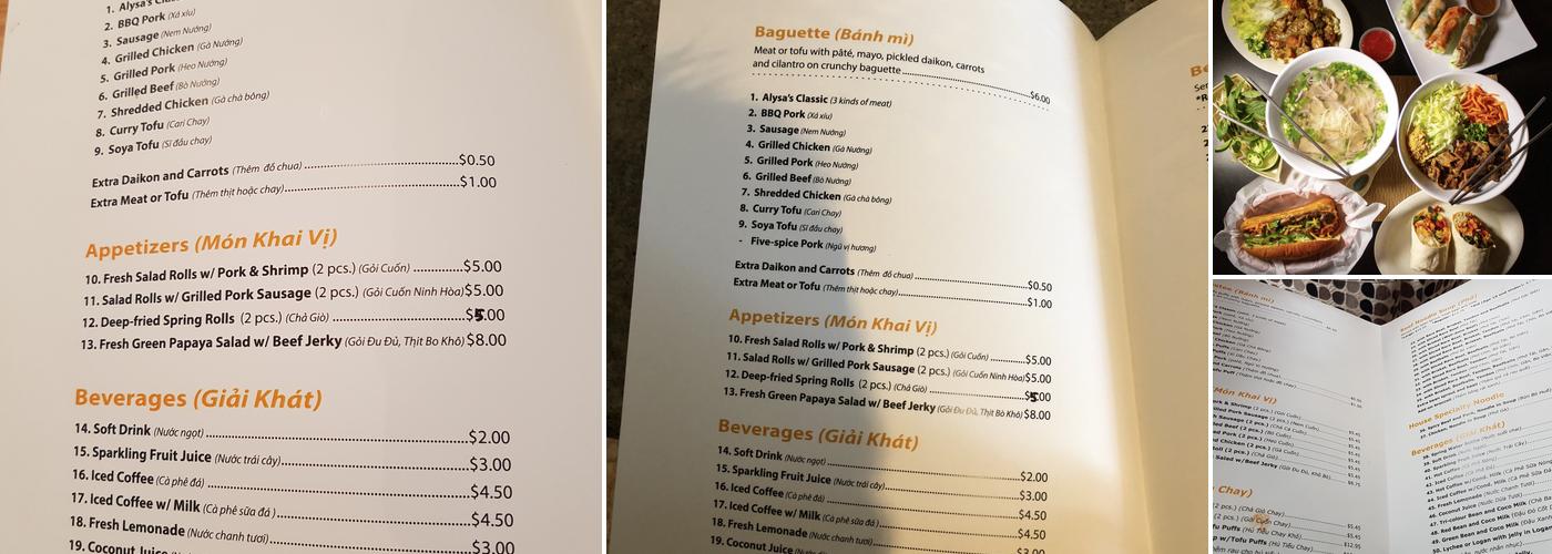 Alysa's Pho and Banh Mi Diner Menu