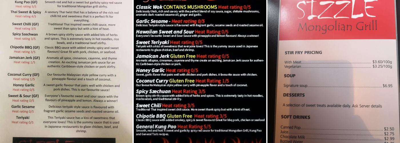 Sizzle Mongolian Grill Menu
