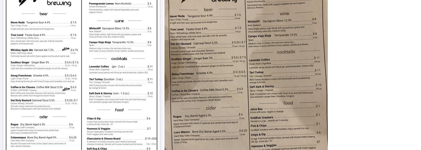 Daft Brewing Menu