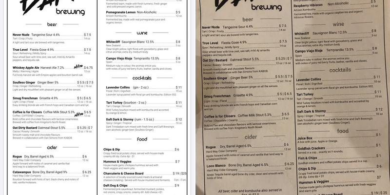 Daft Brewing Menu