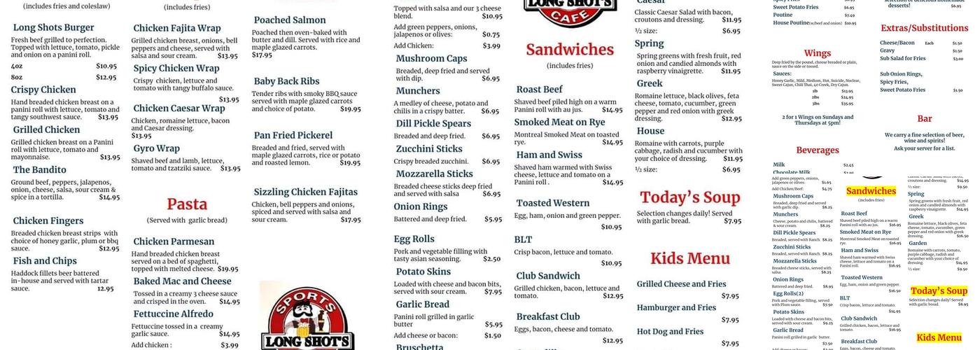 Long Shot's Sports Cafe Menu