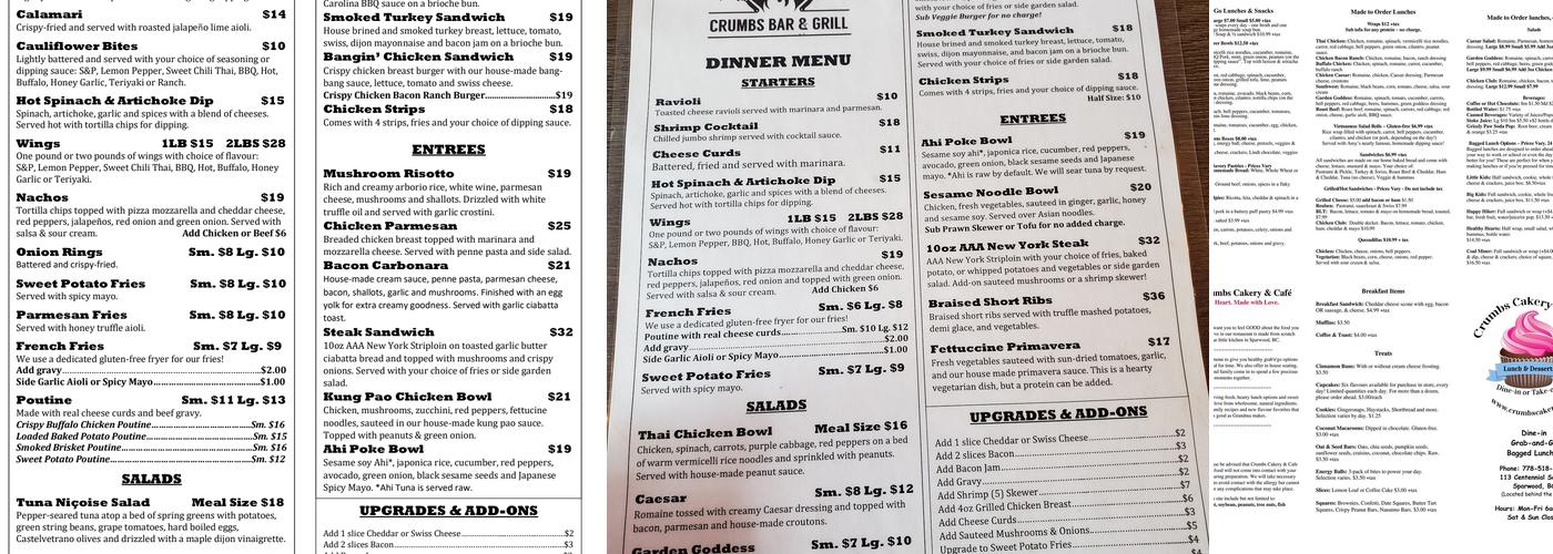 Crumbs Bar & Grill Menu