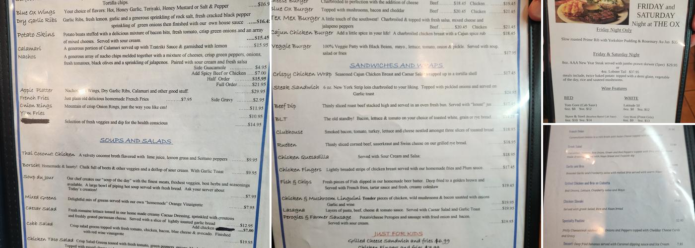 Blue Ox Pub Menu