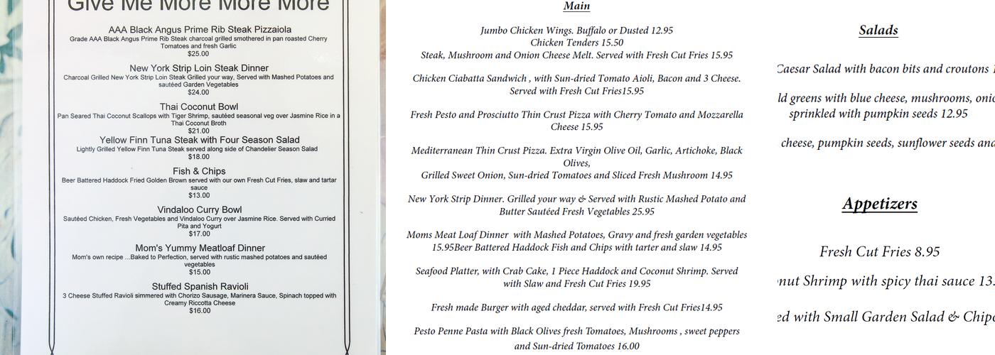 Crystal Chandelier Cafe Etc. Menu