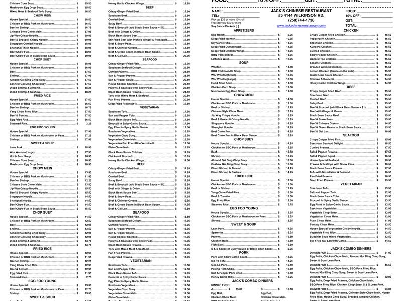 Jack's Chinese Restaurant Menu