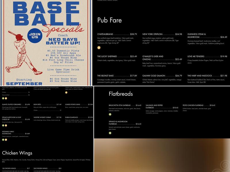 Ned Devine's Irish Pub Menu