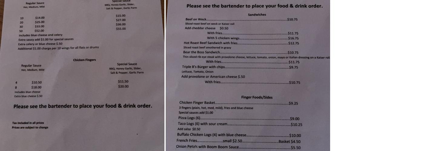 Bolands Beef and Brew Menu