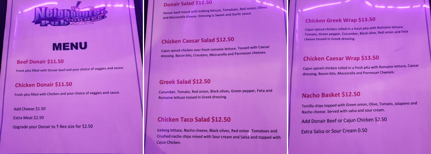 Neighbours' Corner Pub Menu