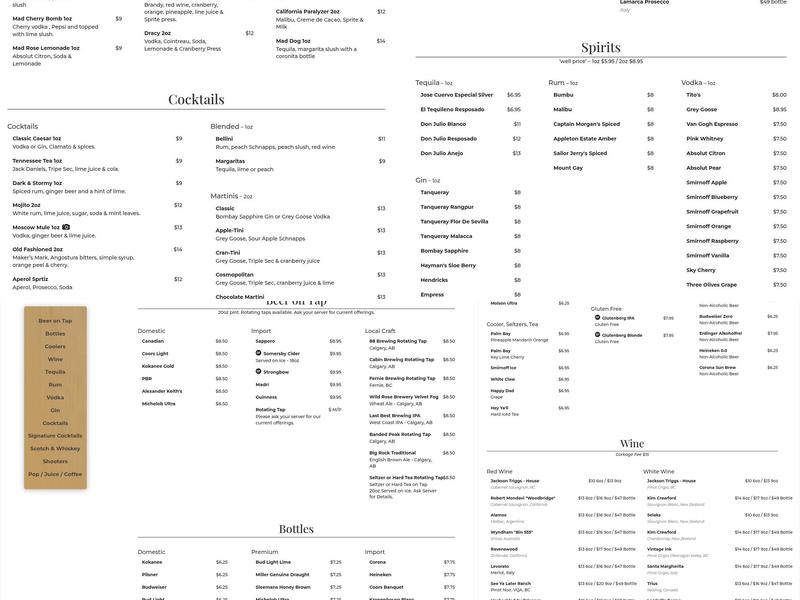 Mad Rose Pub Royal Oak Menu