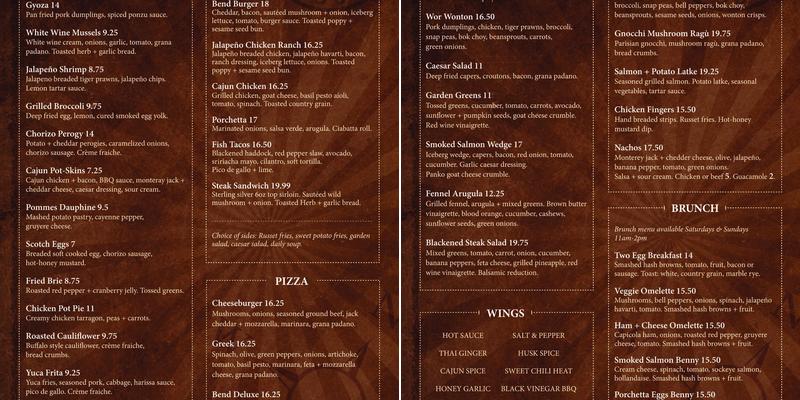 The Bend Lounge Menu
