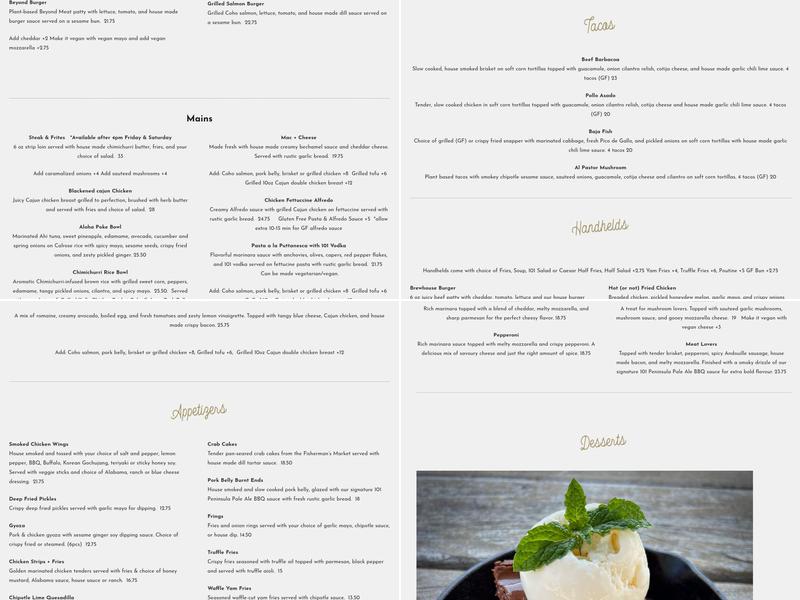 The 101 Brewhouse + Distillery Menu