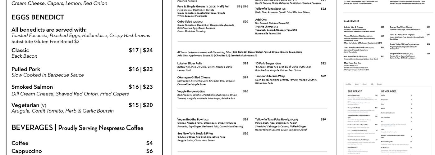 15 Park Bistro Menu