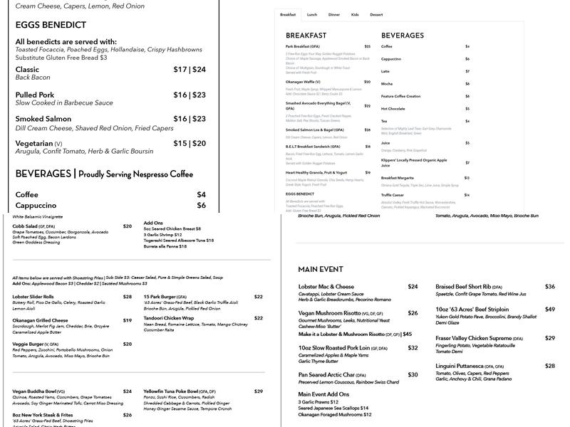 15 Park Bistro Menu