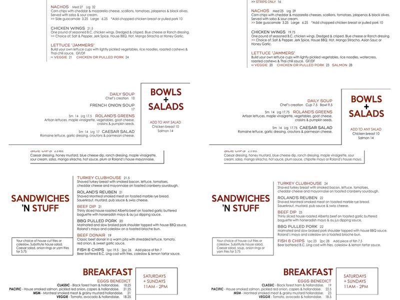 Roland's Creekside Pub Menu