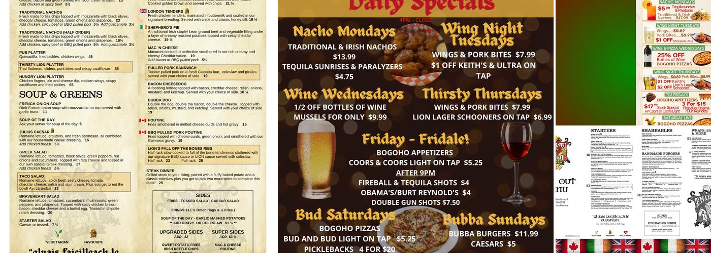 Thirsty Lion Tavern Menu