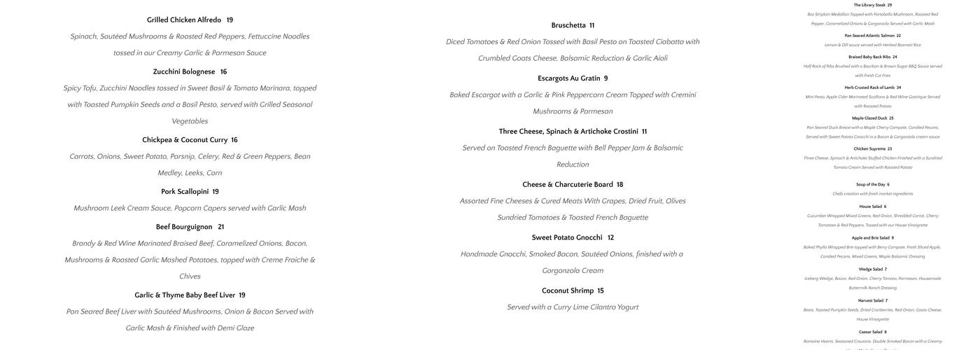 The Library Restaurant Menu