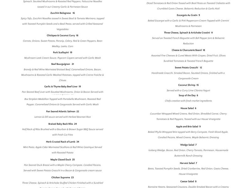 The Library Restaurant Menu