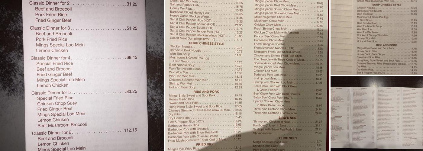 Mings Garden Chinese Restaurant Menu