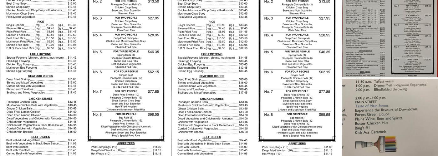Bing's #1 Restaurant Stony Plain Menu