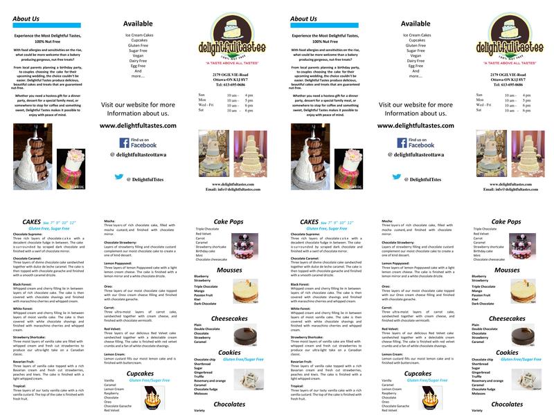 Delightful Tastes Cakes 100% Nut Free Bakery Menu