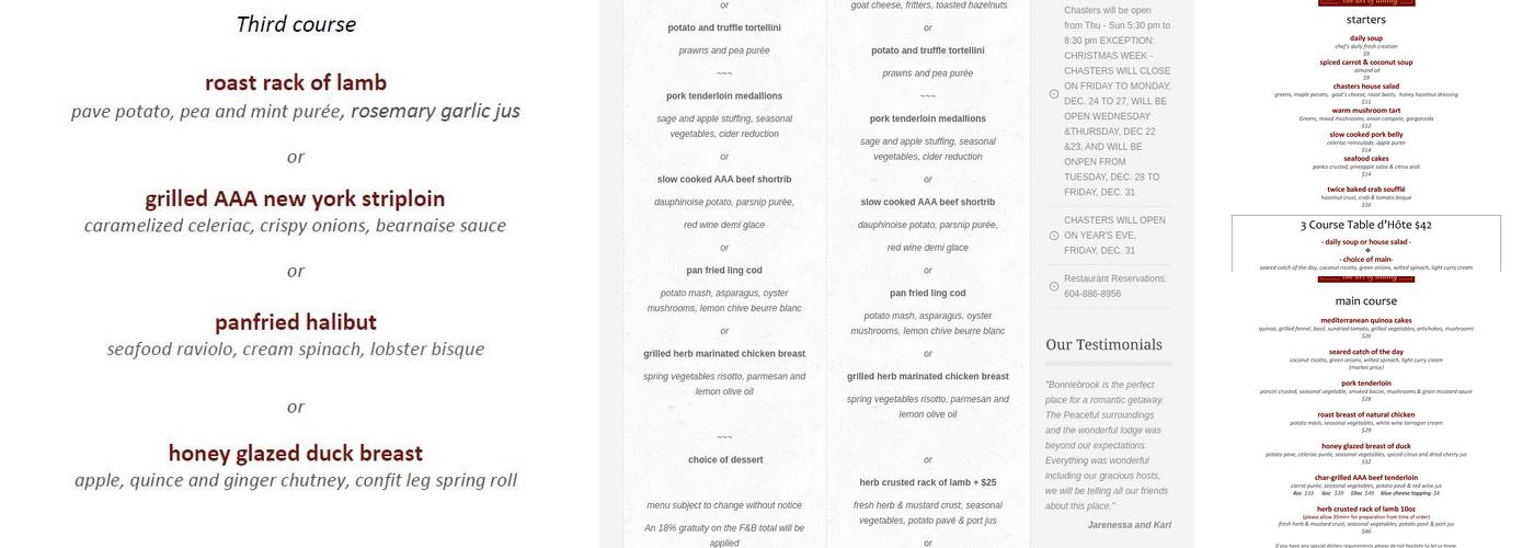 Chasters Restaurant Menu
