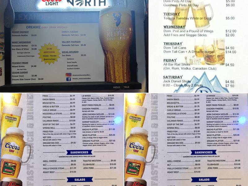 Dreamz Restaurant and Bar Menu