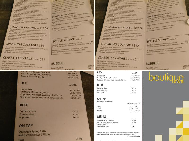 Boutique Bar Menu
