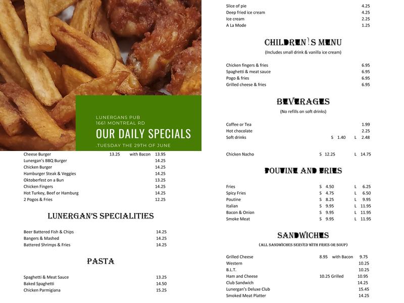 Lunergans Pub & Eatery Menu
