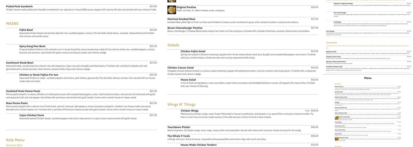 Tailgators Menu
