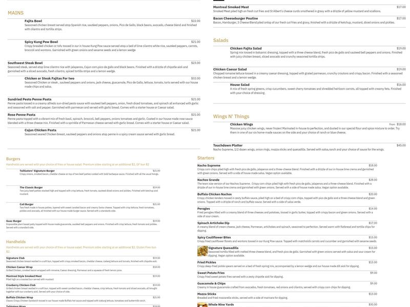 Tailgators Menu
