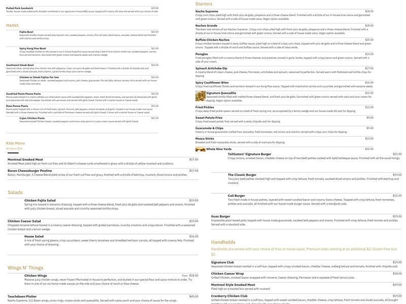 Tailgators Menu