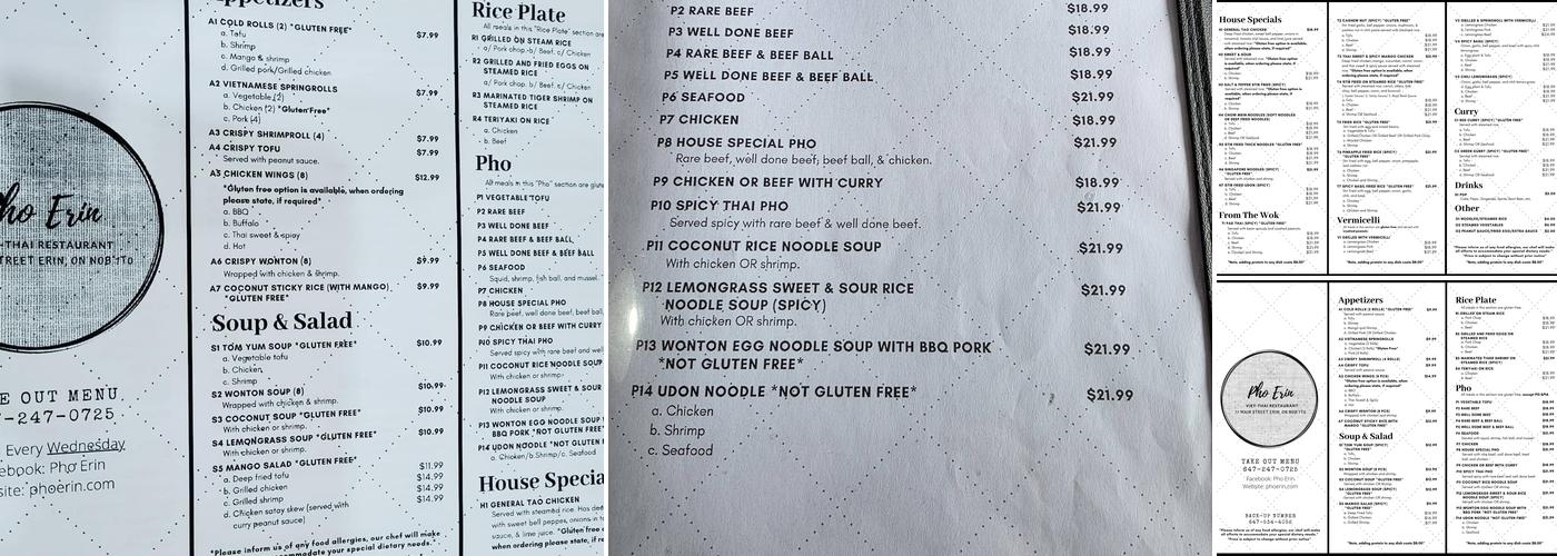 Pho Erin Menu