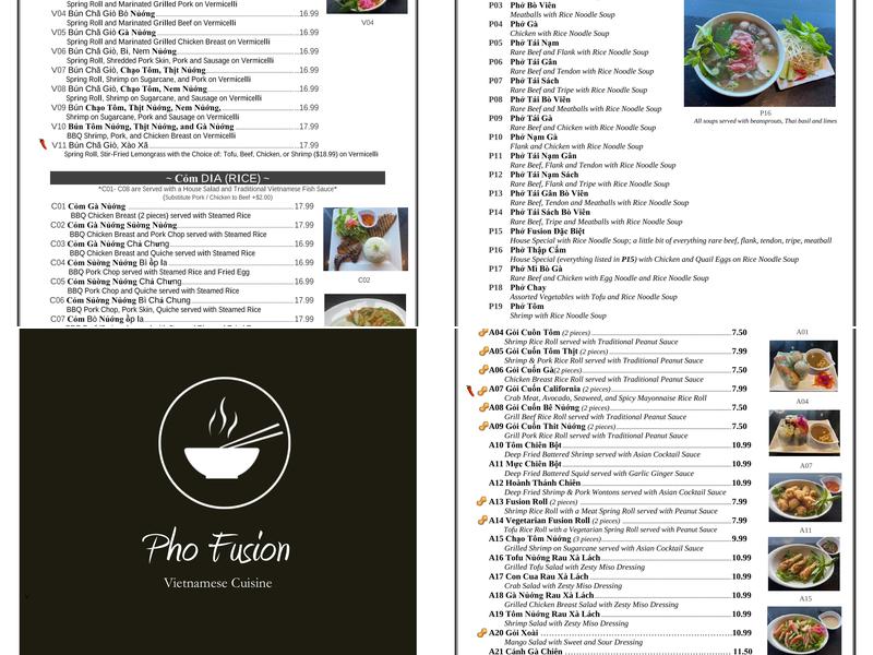 Pho Fusion Menu