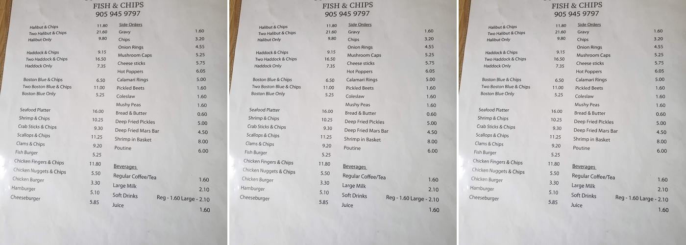 Town & Country Fish & Chips Restaurant Menu