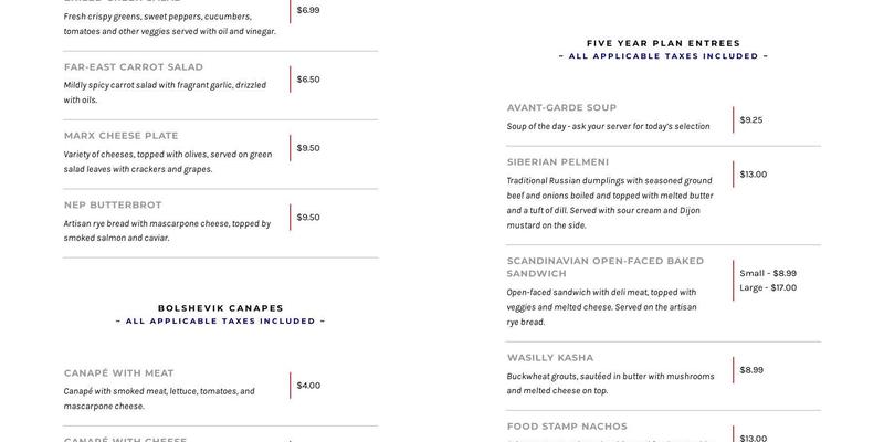 Avant-Garde Bar & Gift Shop Menu