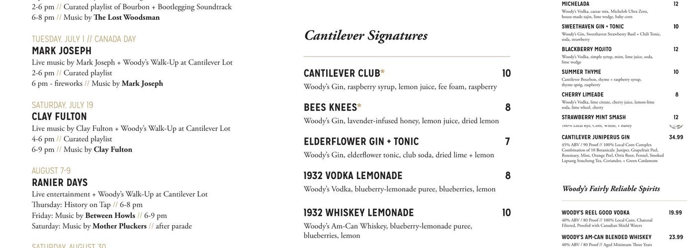 Cantilever Distillery + Restaurant, Cocktails & Tastings Menu