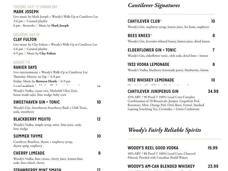 Cantilever Distillery + Restaurant, Cocktails & Tastings Menu