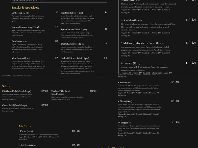 1000 Curry Menu