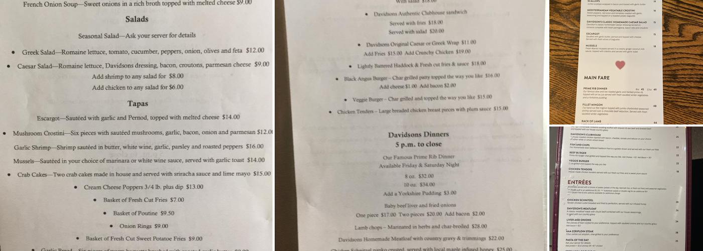 Davidson's Country Dining Menu