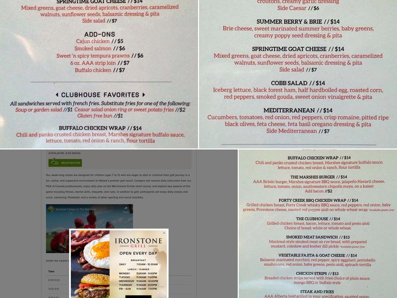 Ironstone Grill at The Marshes Golf Club Menu